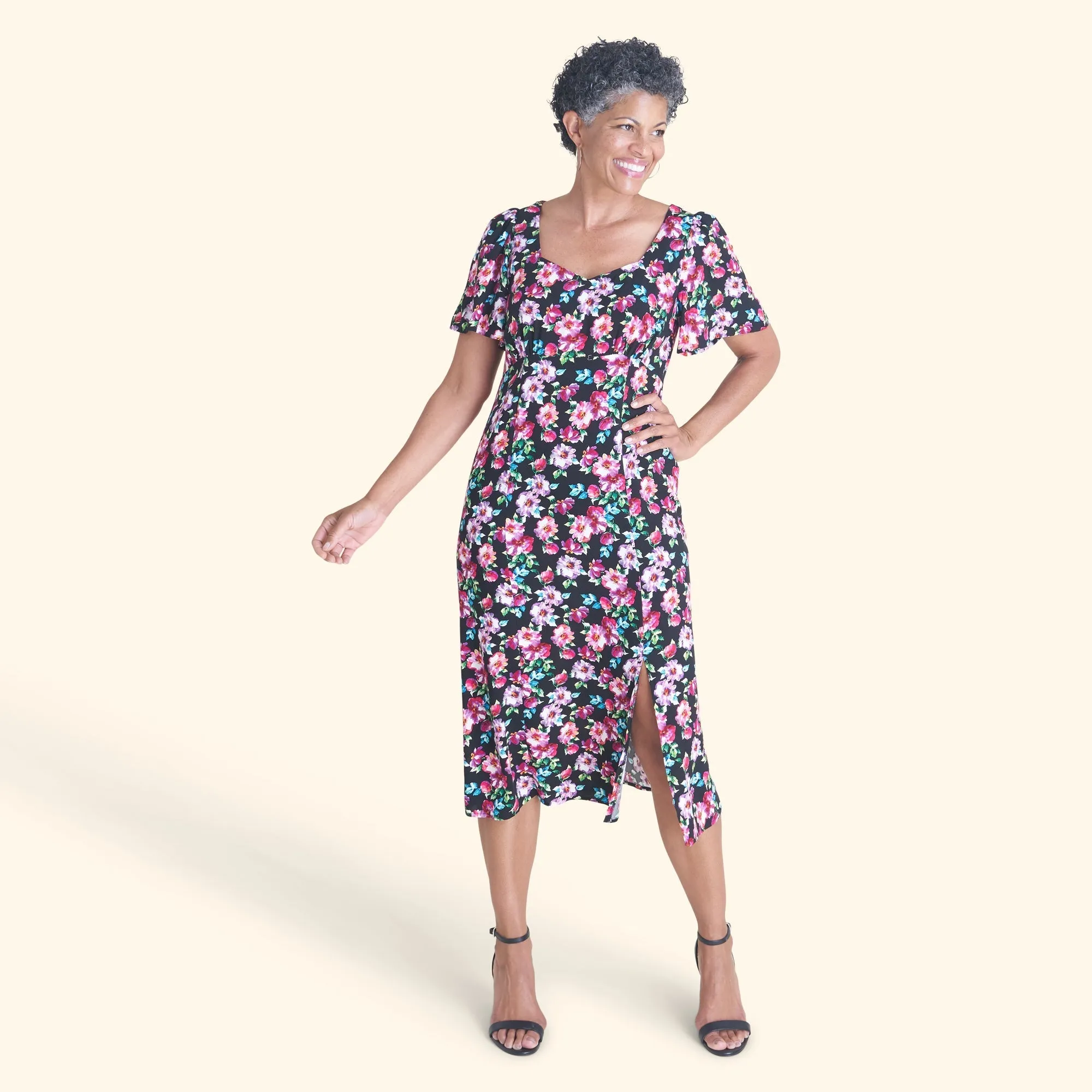 Adrian Black Floral Midi Dress sold by connected apparel