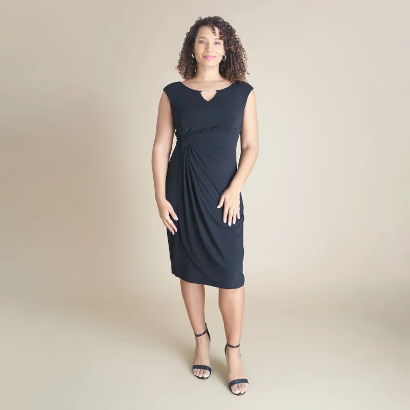 Lisa Metal Detail Bar Black Faux Wrap Dress sold by connected apparel