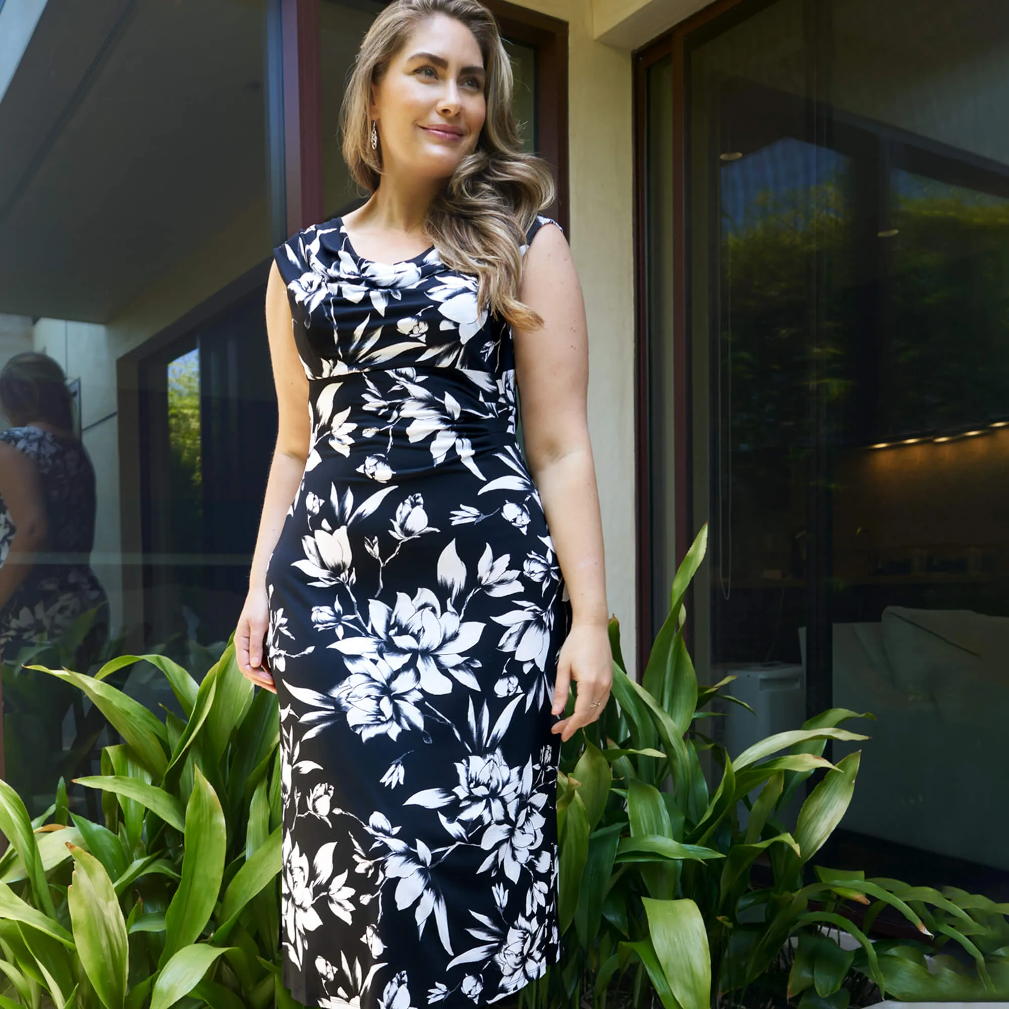 Tonya Black Floral Cowl Neck Midi Dress sold by connected apparel