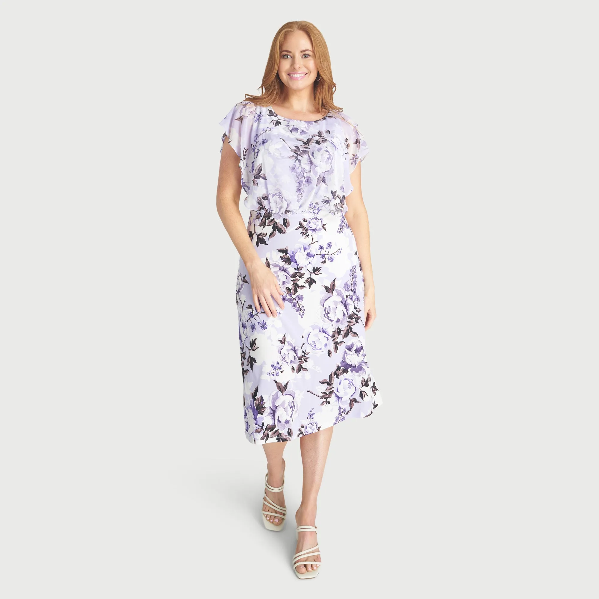 Daphne Lavender Floral Chiffon Popover Dress sold by connected apparel