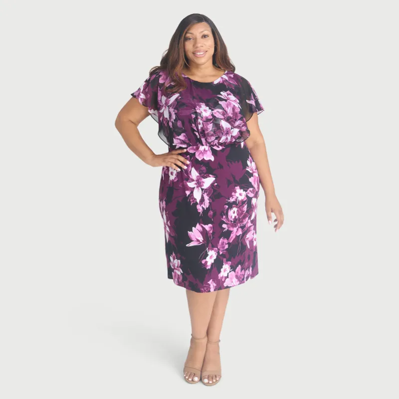 Daphne Magenta Floral Chiffon Popover Dress sold by connected apparel