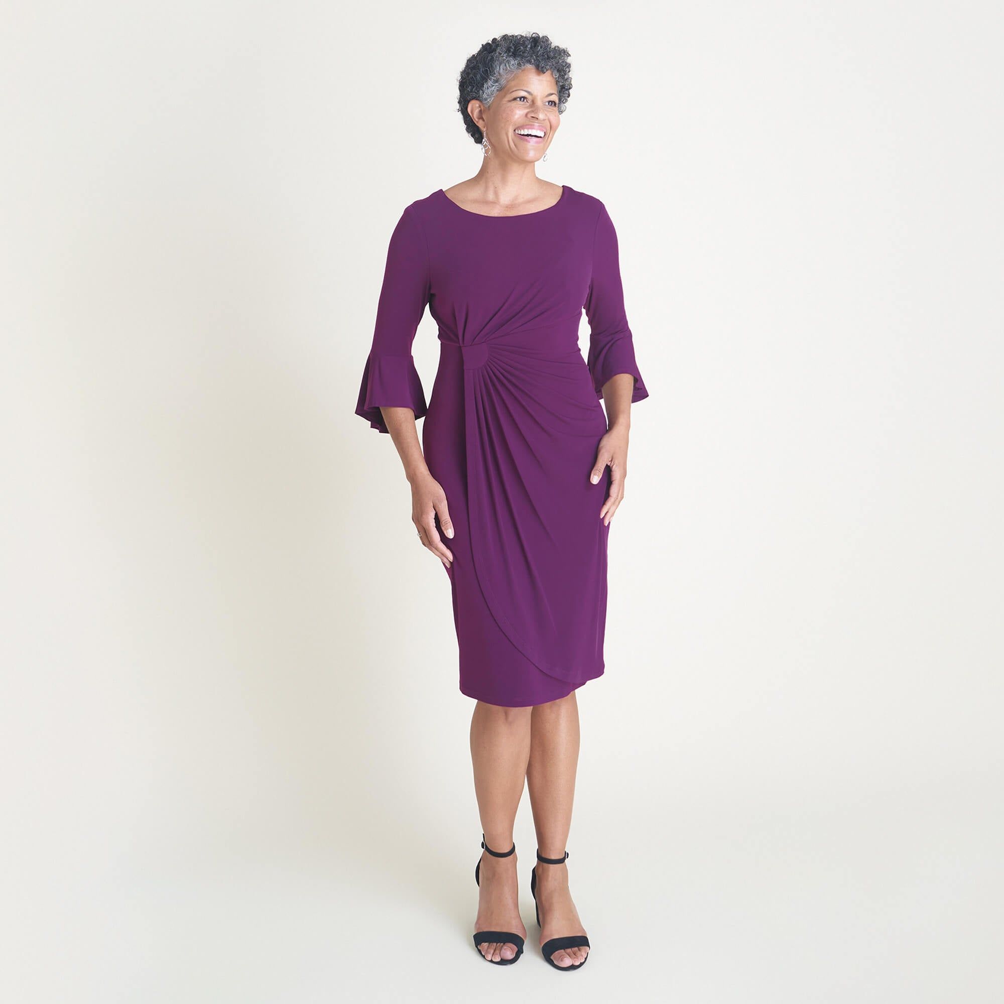 Lisa 2.0 Dark Plum Faux Wrap Dress sold by connected apparel