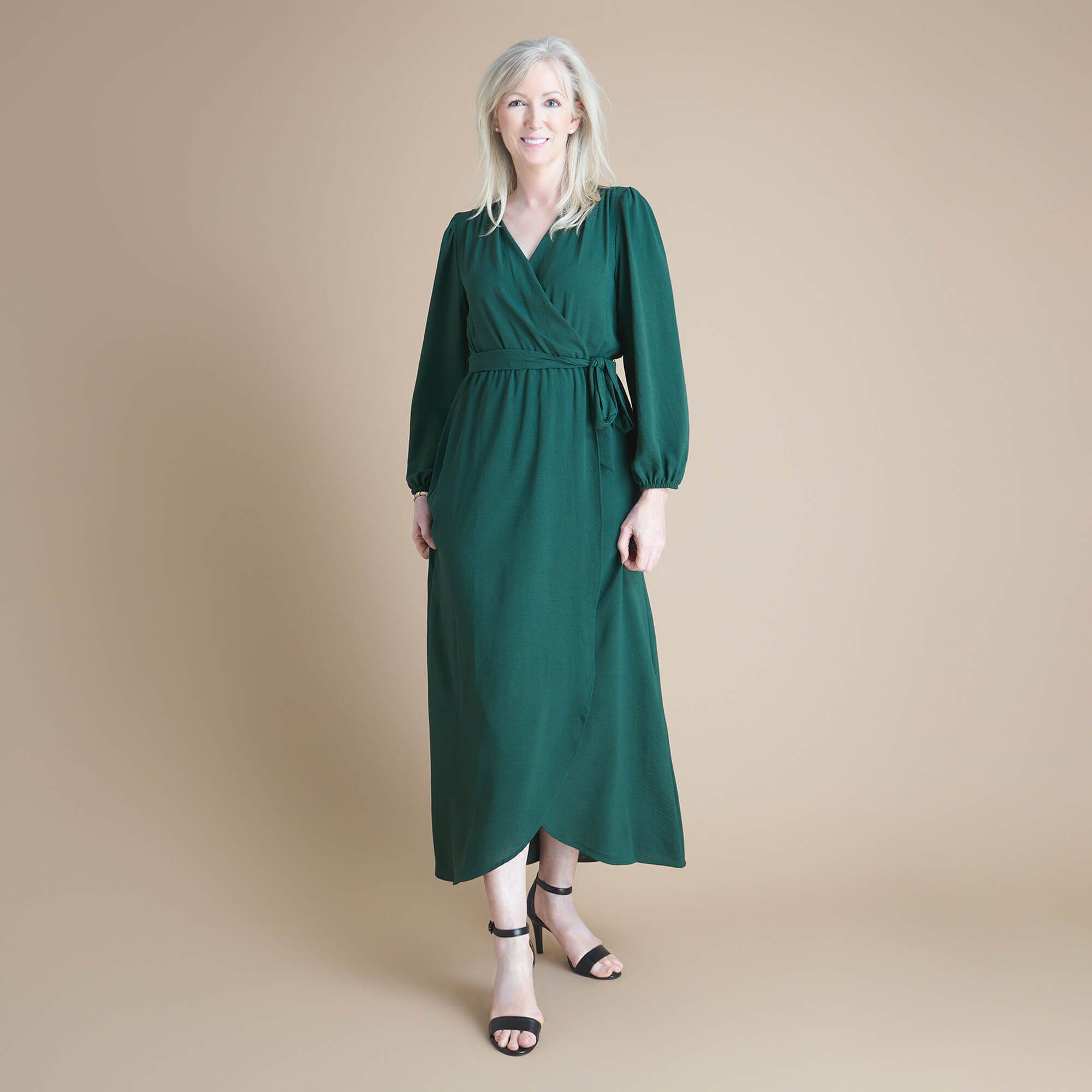 Shannon Hunter Green Midi Wrap Dress sold by connected apparel