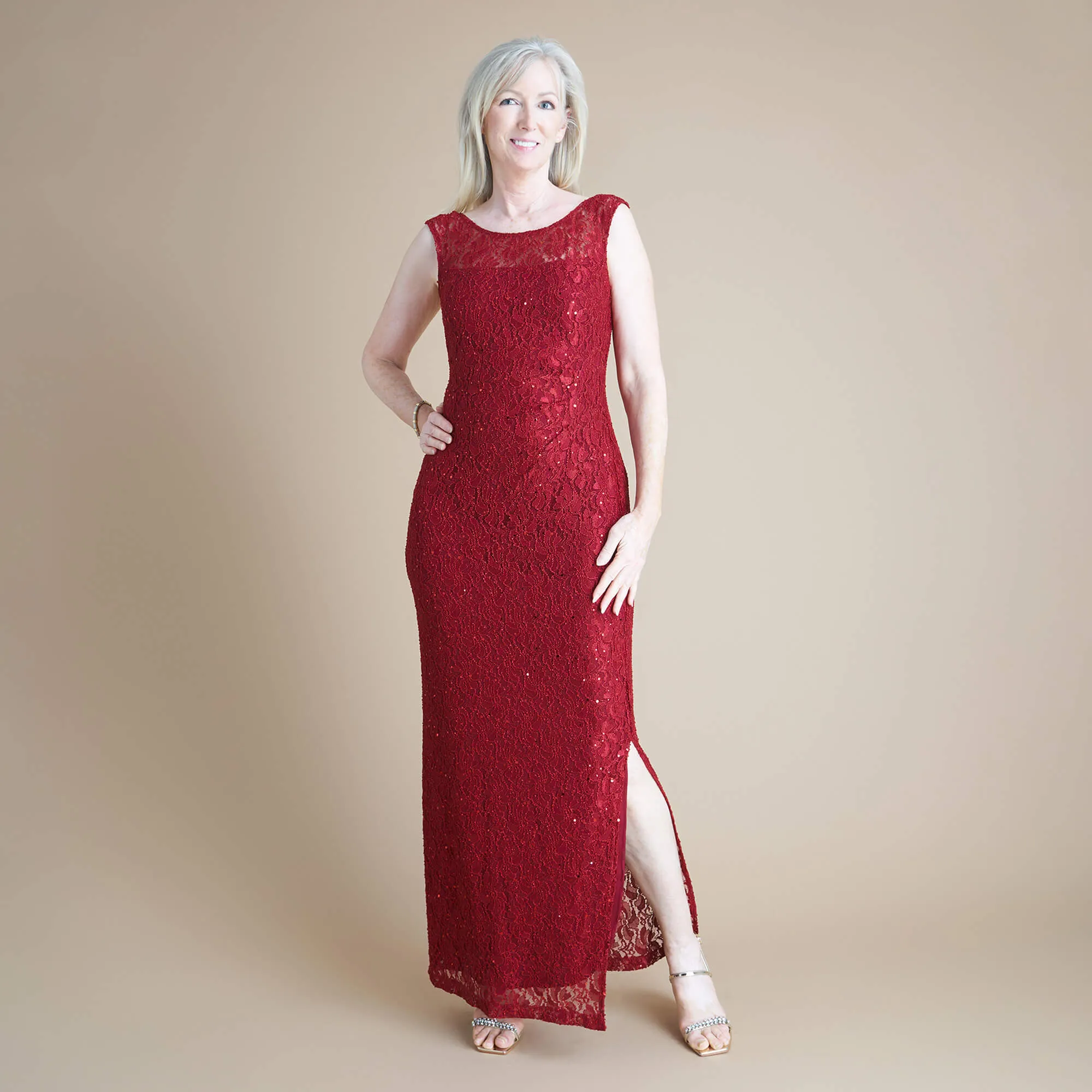 June Scarlet Red Sequin Lace Floor Length Dress sold by connected apparel