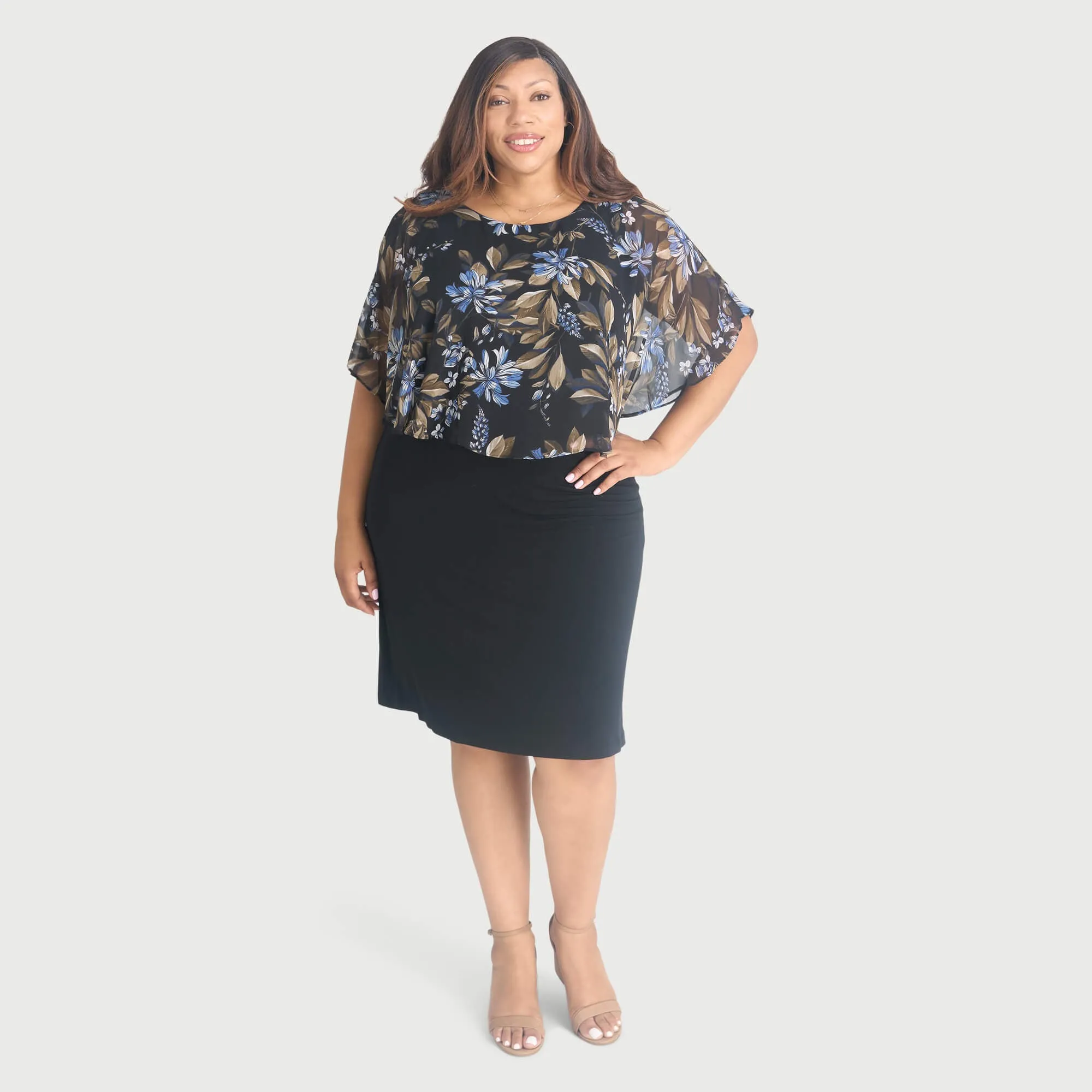 Alyssa Blue Floral Cape Dress sold by connected apparel