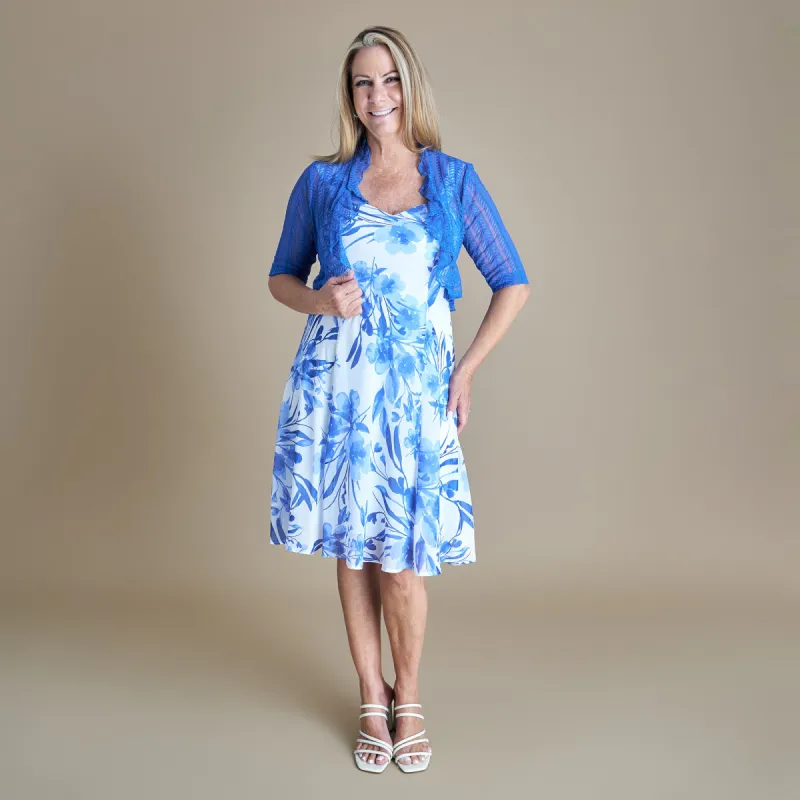 Mary Cobalt Floral Chiffon Dress with Shrug sold by connected apparel