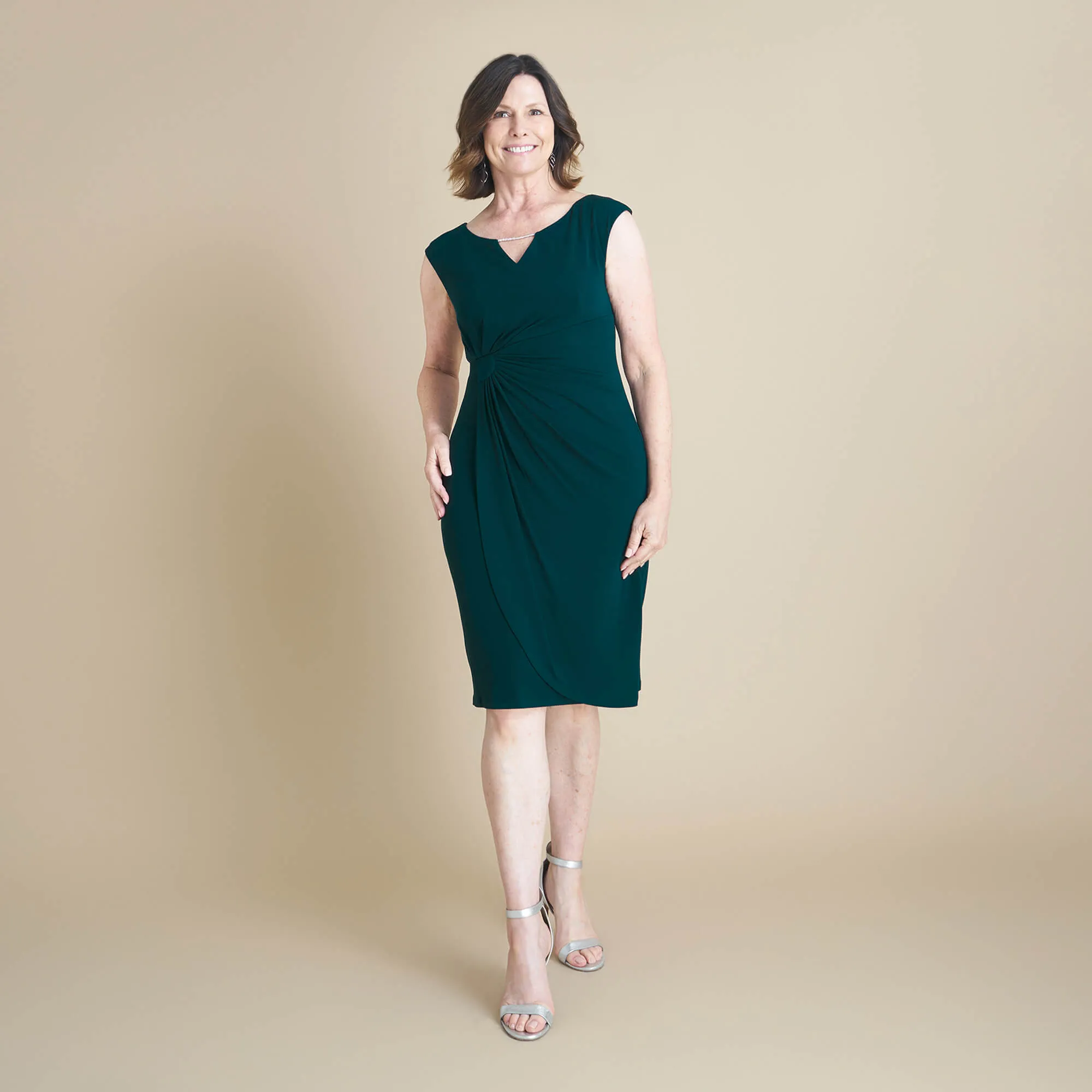 Lisa Rhinestone Detail Bar Hunter Green Faux Wrap Dress sold by connected apparel