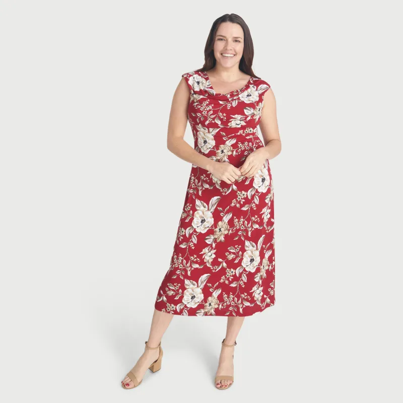 Tonya Crimson Cowl Neck Midi Dress sold by connected apparel