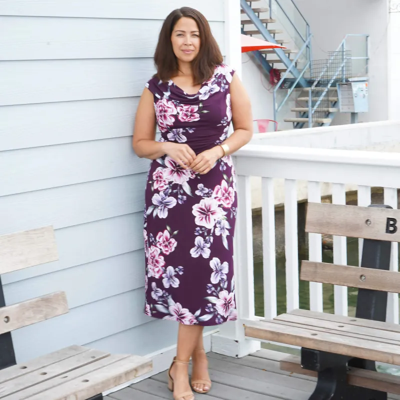 Tonya Plum Floral Cowl Neck Midi Dress sold by connected apparel