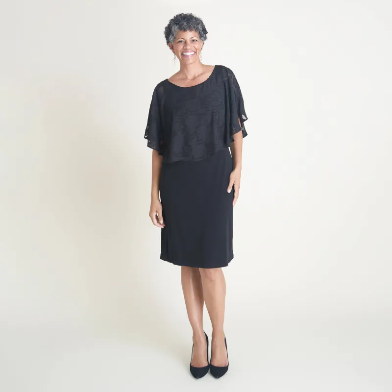 Alyssa Black Chiffon Burnout Cape Dress sold by connected apparel