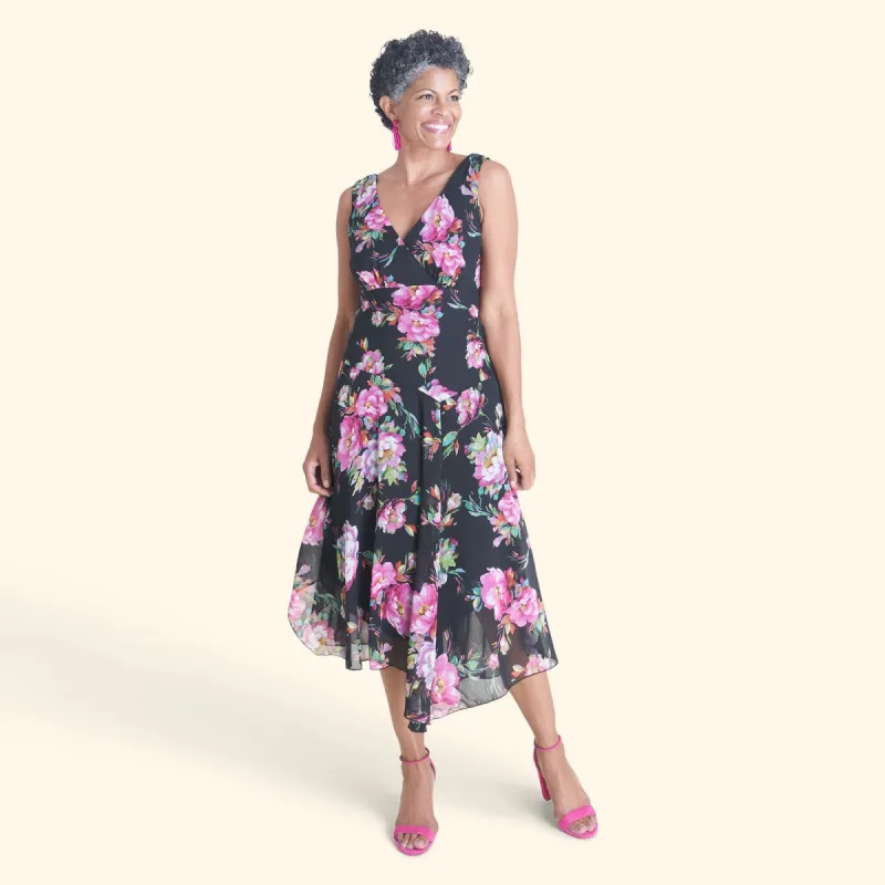 Audrey Floral Surplice Asymmetrical Midi Dress made by connected apparel