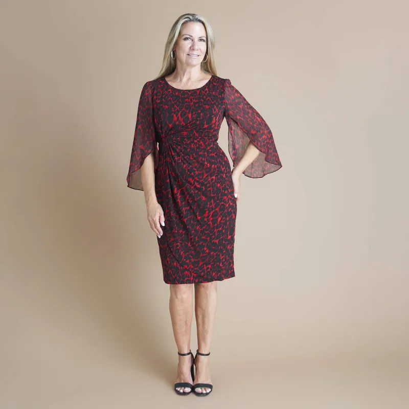 Lisette Red Leopard Faux Wrap Dress sold by connected apparel