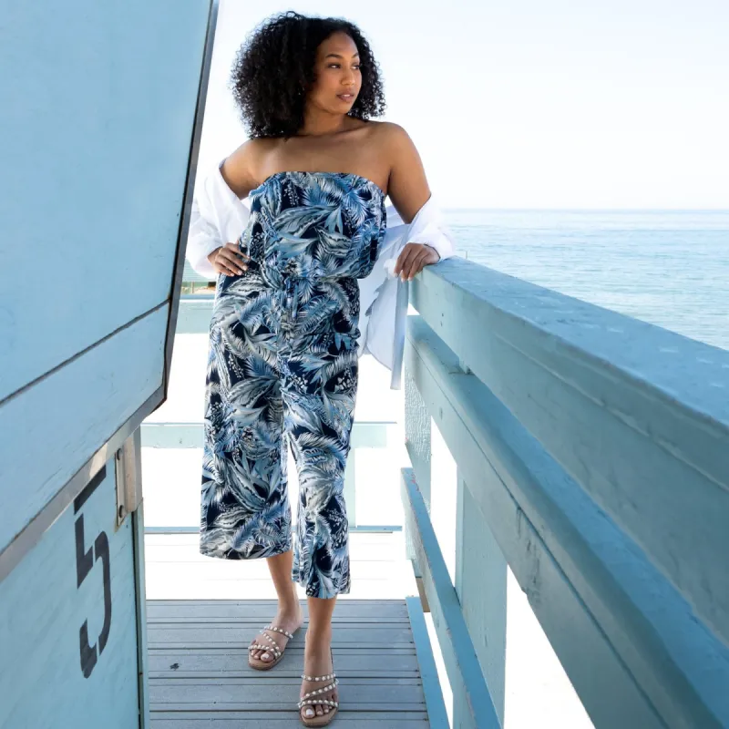 Melissa Leaf Print Strapless Jumpsuit sold by connected apparel