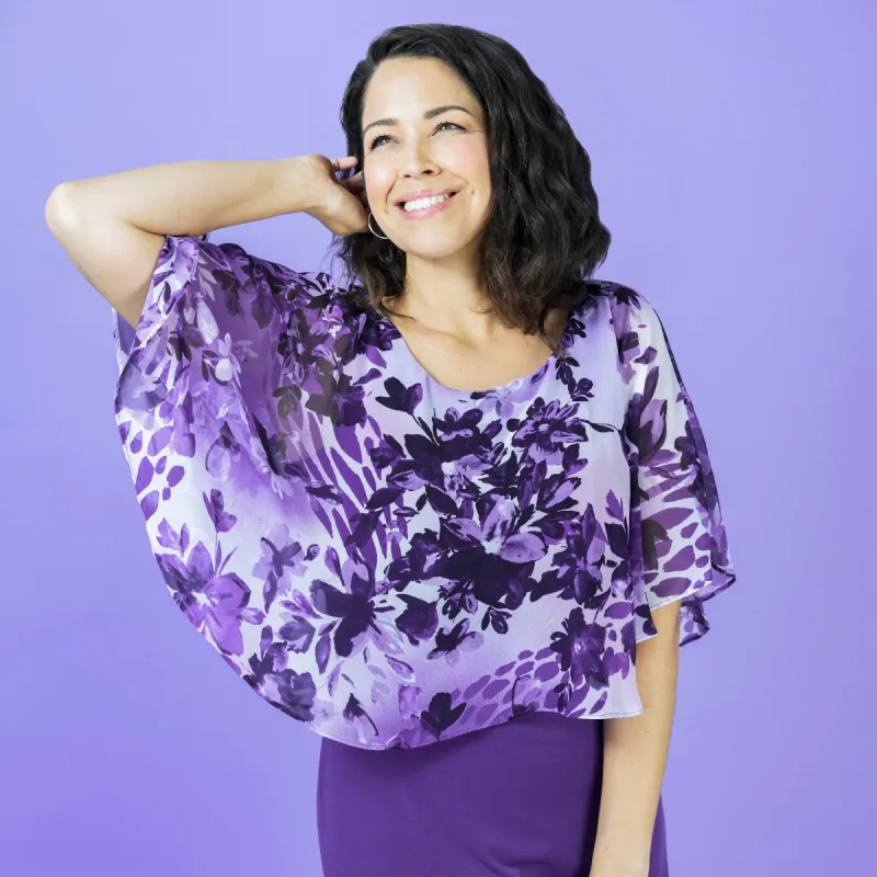 Alyssa Purple Floral Cape Dress sold by connected apparel