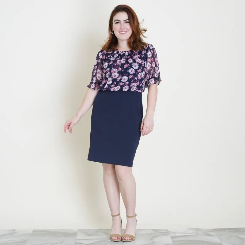 Caroline Navy and Mauve Floral Dress sold by connected apparel