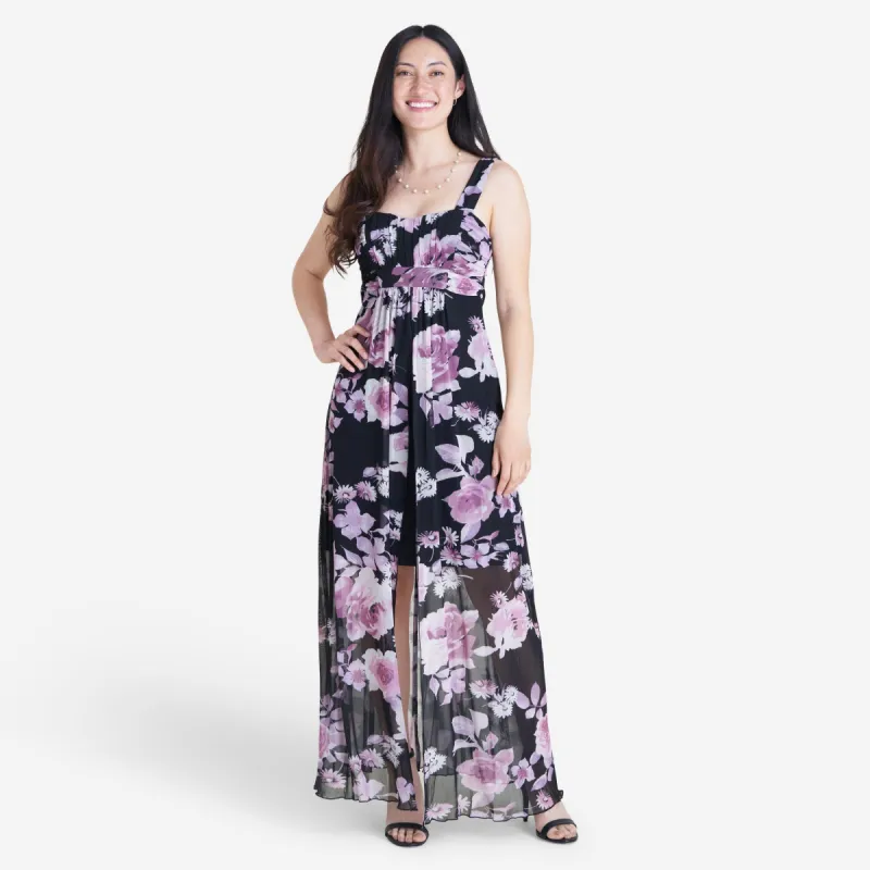 Marilyn Dusty Mauve Floral Mesh Maxi Dress sold by connected apparel