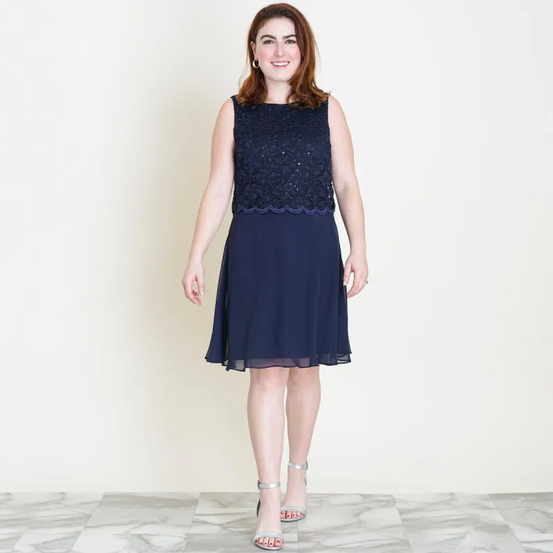 Sofia Navy Sequin Lace A-Line Dress made by connected apparel