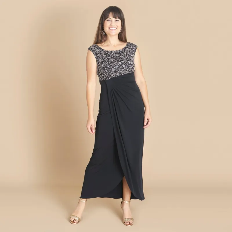 Lisa Two-Tone Gold Sequin Lace Floor Length Dress sold by connected apparel