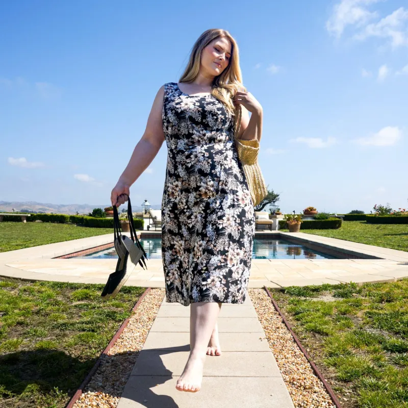 Jasmine Taupe Floral Sleeveless Midi Dress sold by connected apparel