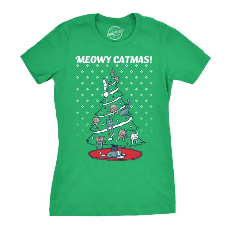 Meowy Christmas Cat Tree Ugly Christmas Sweater Women's T Shirt sold by Crazy Dog T-Shirts
