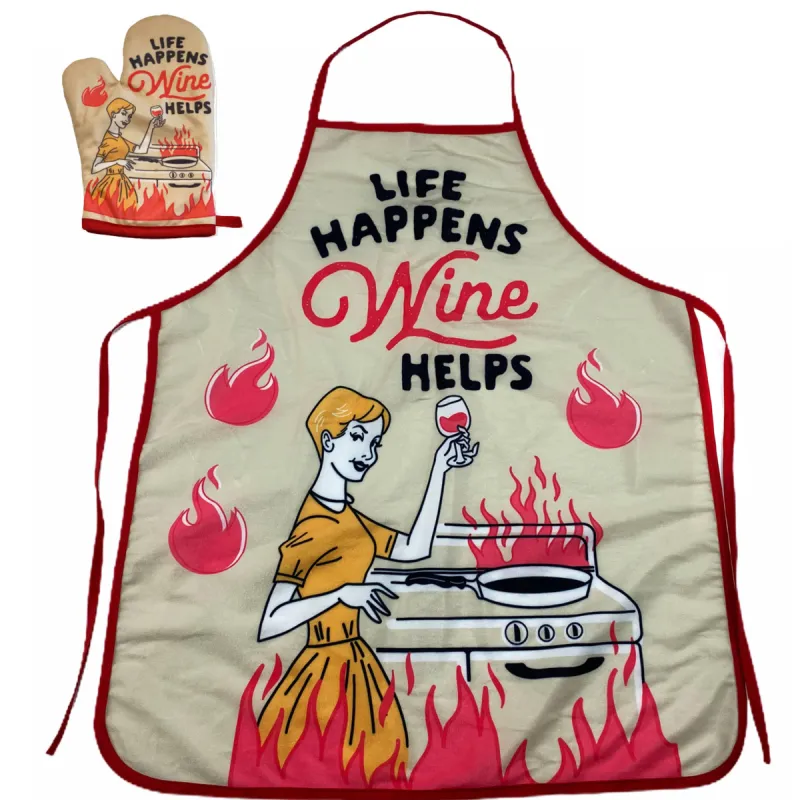Life Happens Wine Helps Oven Mitt + Apron Bakeware sold by Crazy Dog T-Shirts