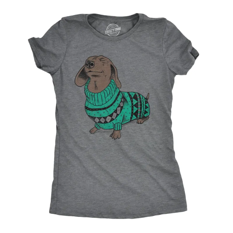 Dachshund In Christmas Sweater Women's T Shirt sold by Crazy Dog T-Shirts