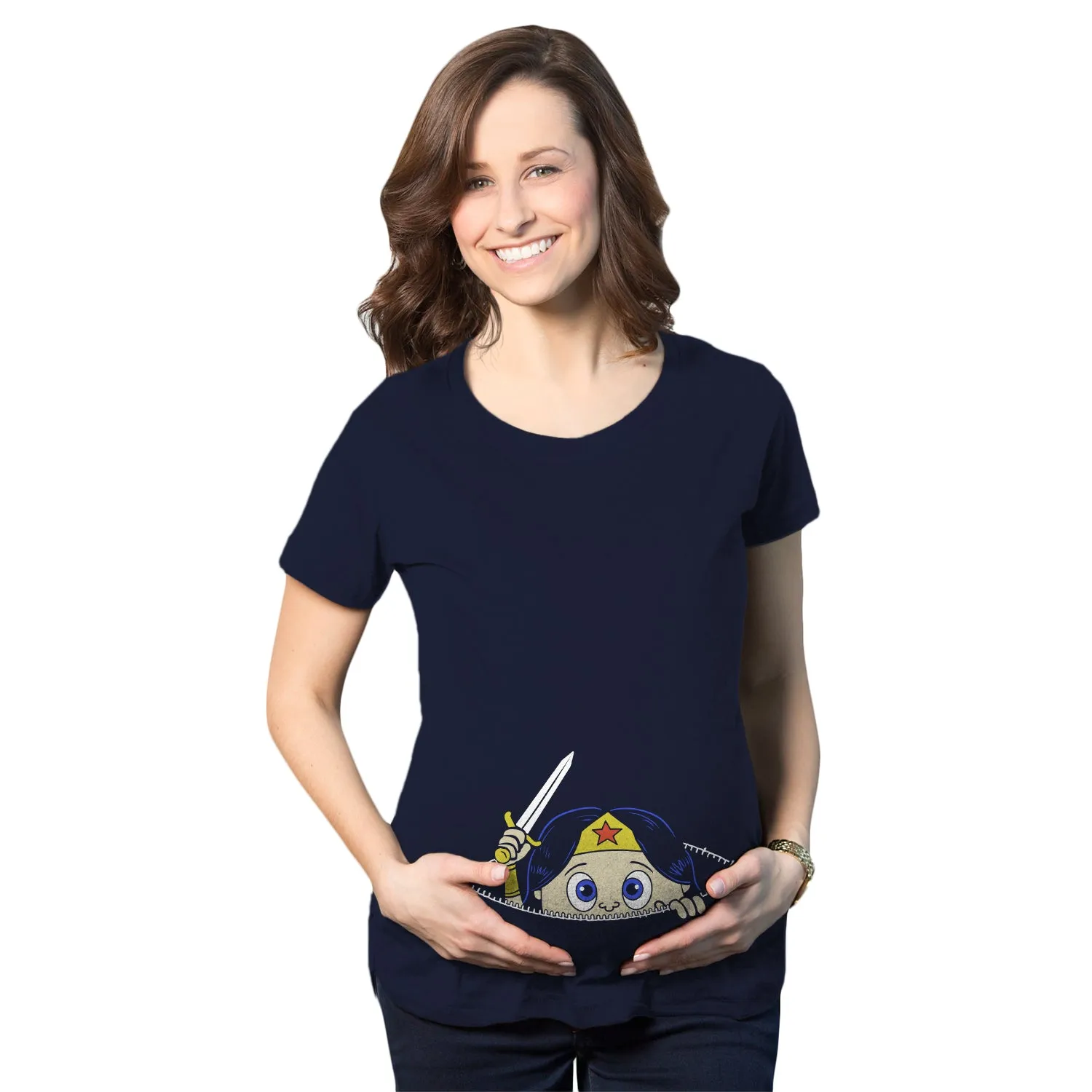 Peeking Warrior Woman Maternity T Shirt sold by Crazy Dog T-Shirts