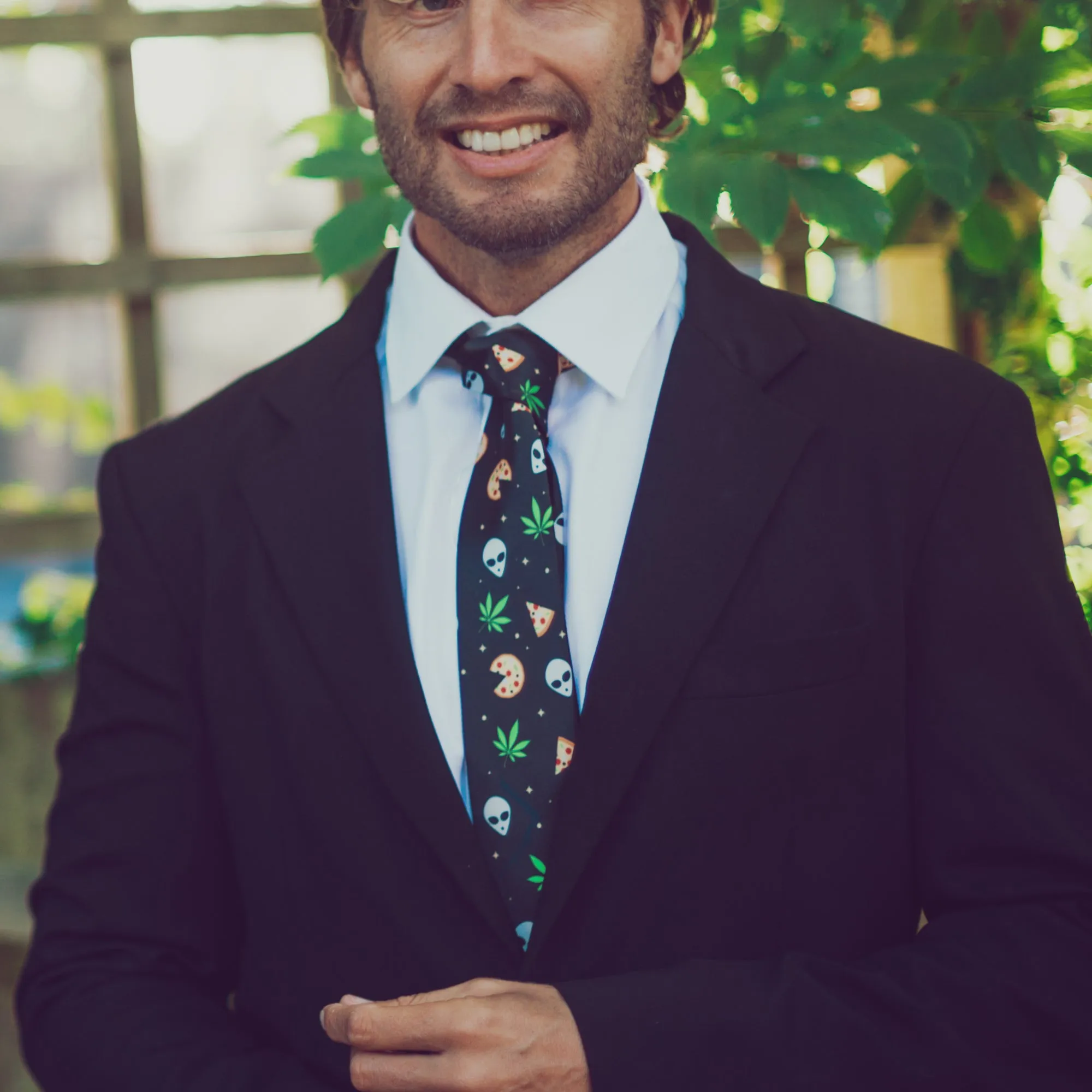 Alien Weed Pizza Neck Tie Tie sold by Crazy Dog T-Shirts product image thumbnail 4