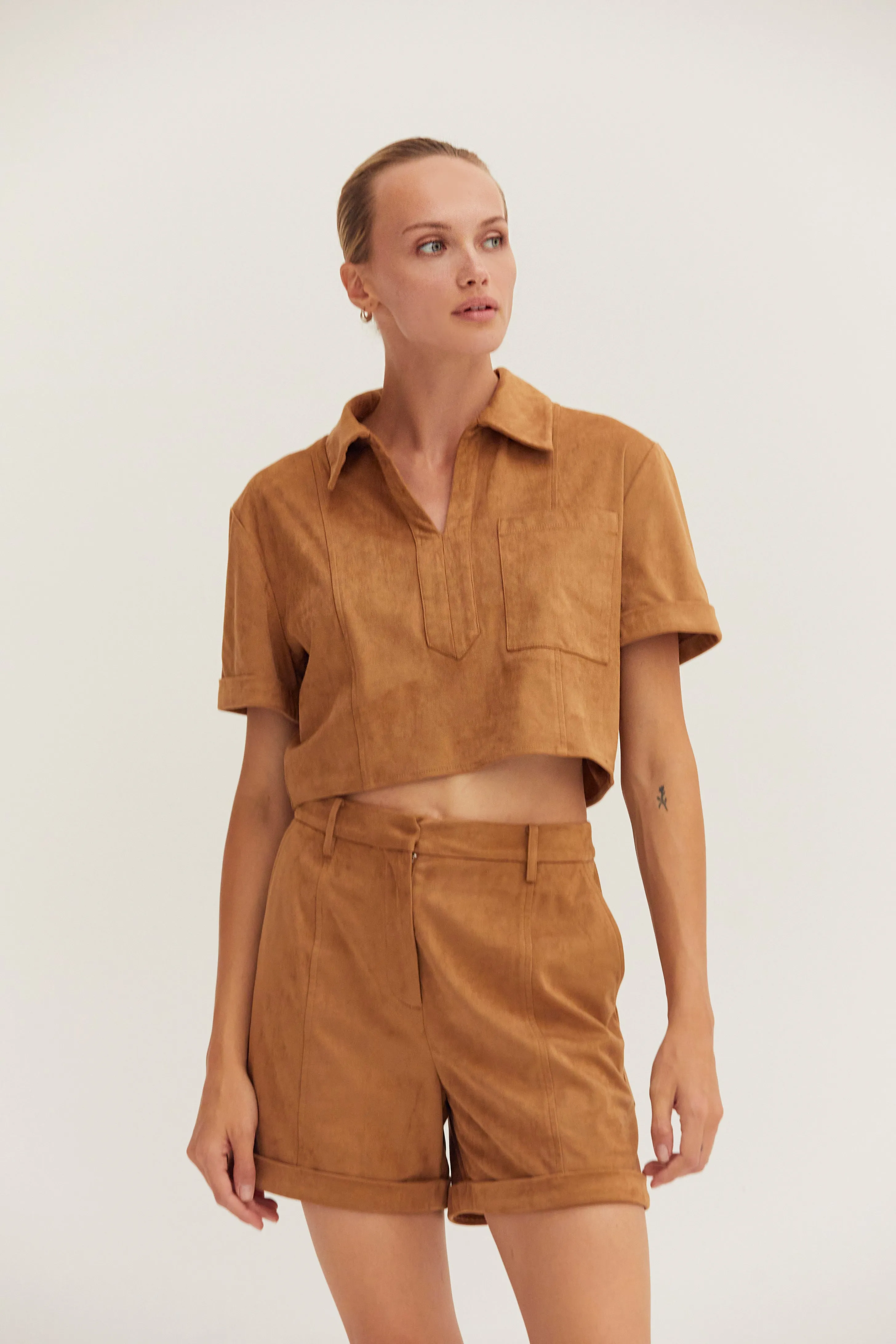 Lori Suede Cropped Shirt sold by Crescent