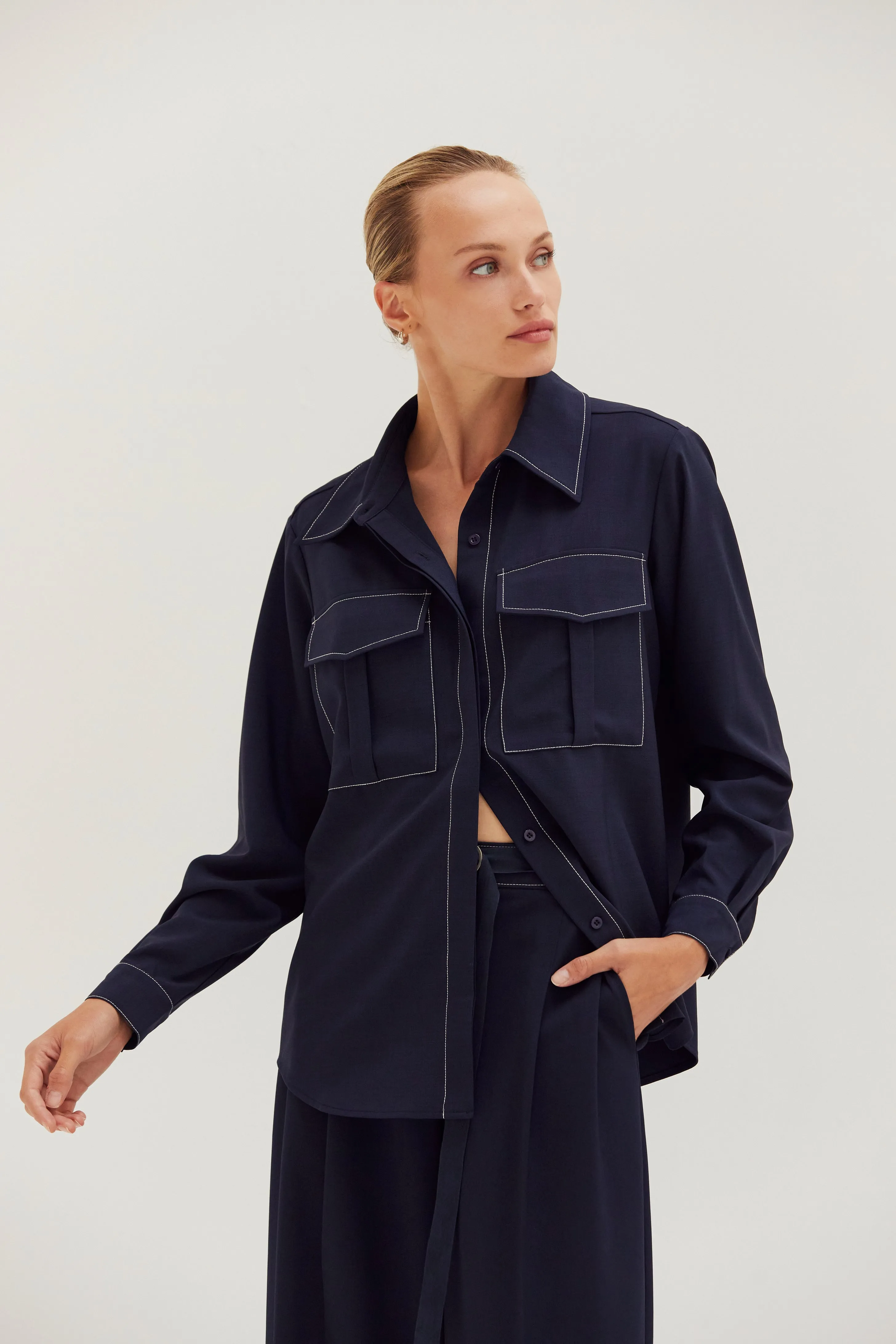 Kaia Contrast Stitch Utility Shirt sold by Crescent