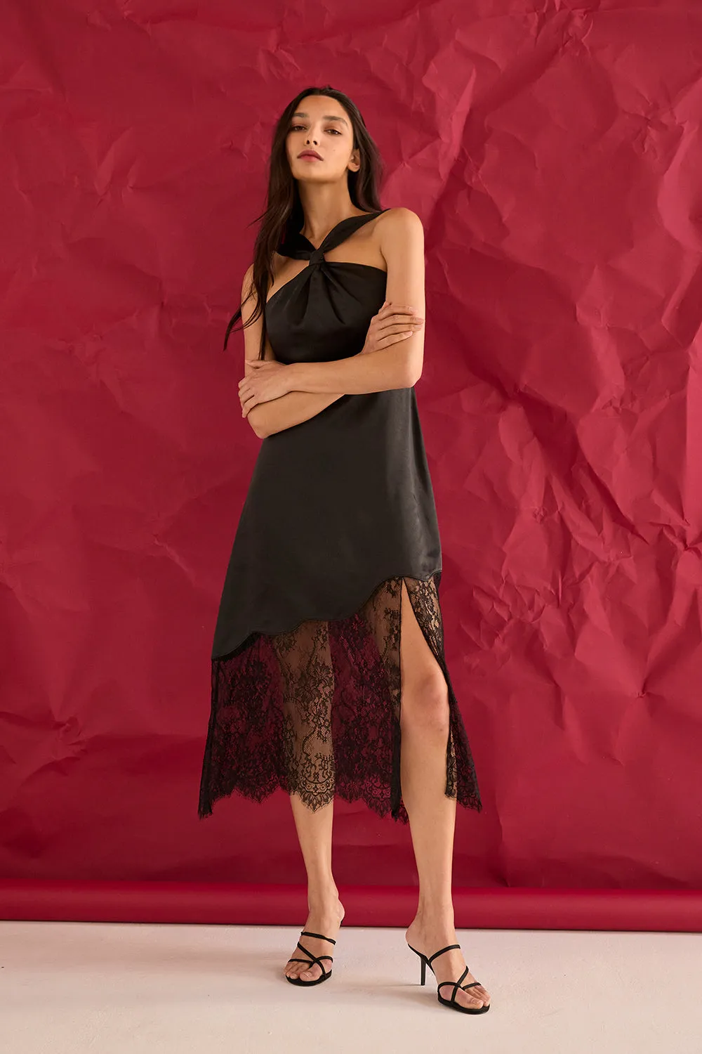 Lora Lace Hem Satin Halter Midi Dress sold by Crescent product image thumbnail 2