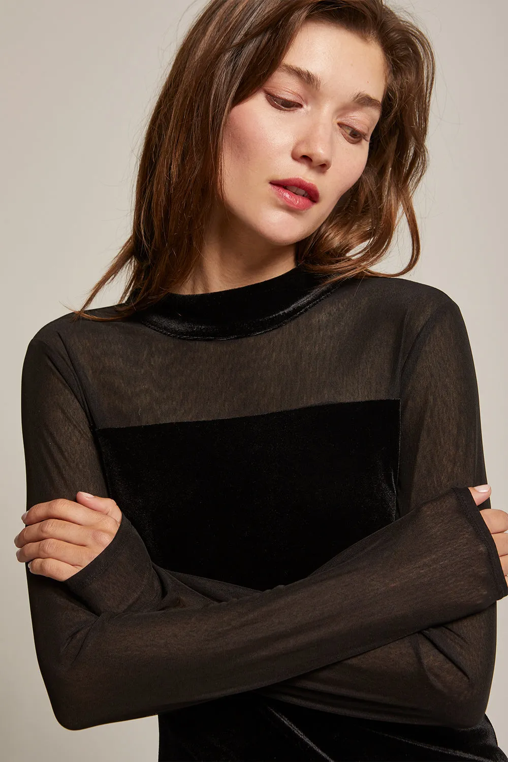 Sasha Mock Neck Mixed Media Velvet Mini Dress sold by Crescent product image thumbnail 4