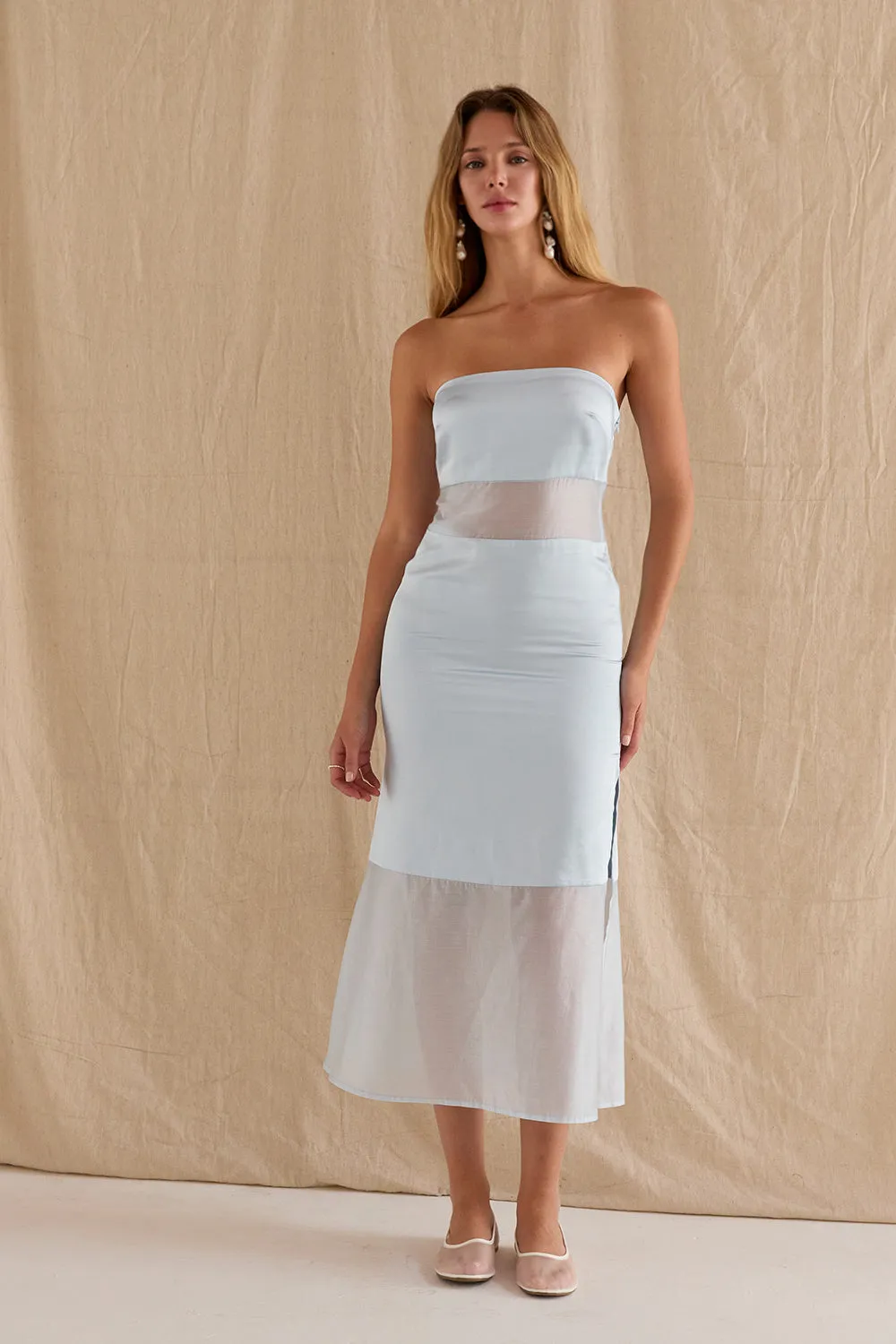 Austin Satin Mixed Media Tube Midi Dress sold by Crescent