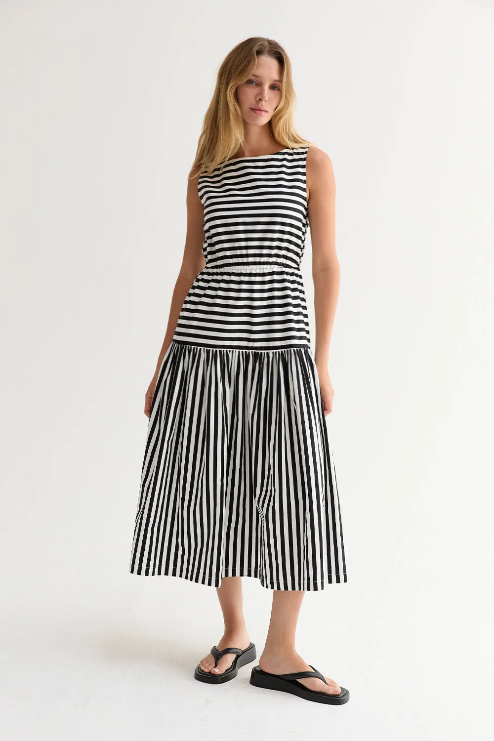 Junie Cotton Blend Gathered Stripe Midi Dress sold by Crescent product image thumbnail 3