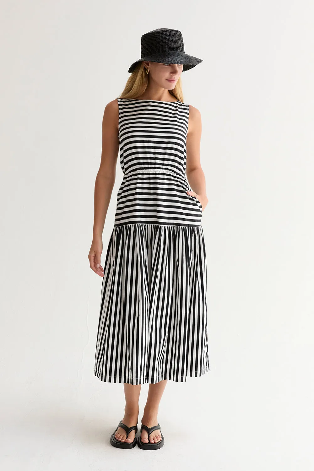 Junie Cotton Blend Gathered Stripe Midi Dress sold by Crescent product image thumbnail 2