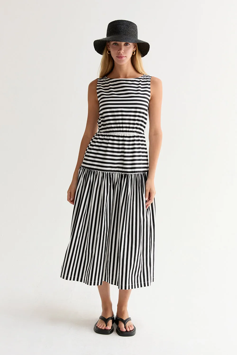Junie Cotton Blend Gathered Stripe Midi Dress sold by Crescent