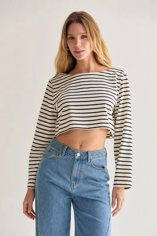 Noelle Striped Boatneck Crop Knit Top made by Crescent