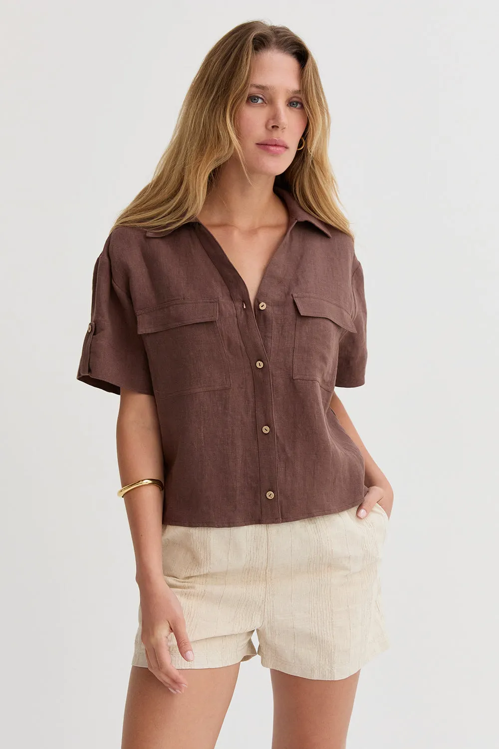 Mali Button Down Short Sleeve Linen Top sold by Crescent product image thumbnail 3