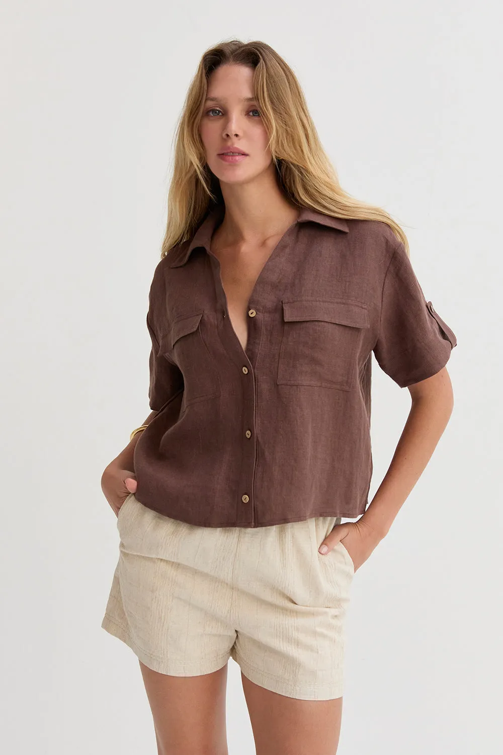 Mali Button Down Short Sleeve Linen Top sold by Crescent