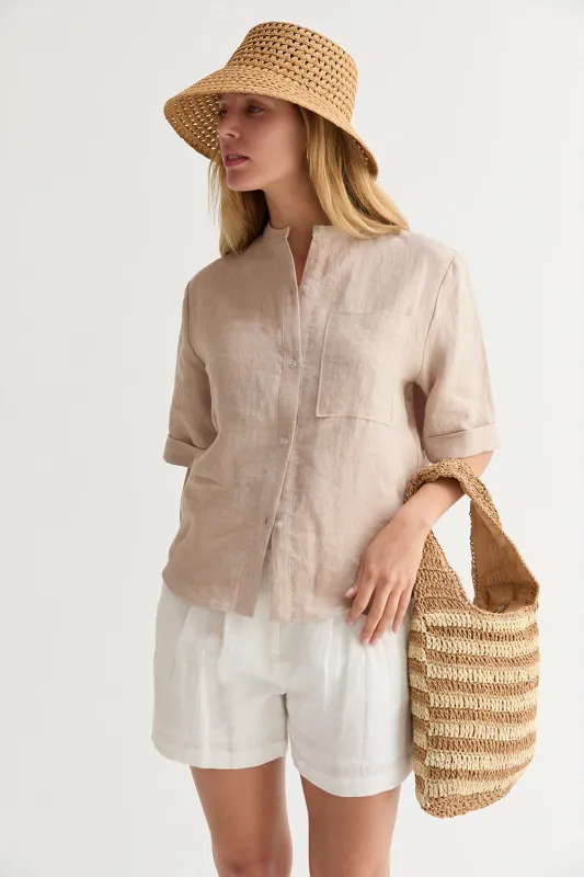 Joyce Mandarin Collar Button Up Linen Top made by Crescent