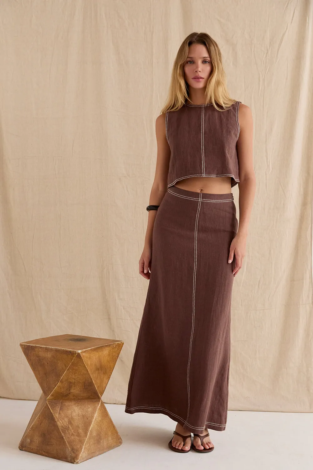 Kenzy Contrast Stitch Linen Maxi Skirt sold by Crescent