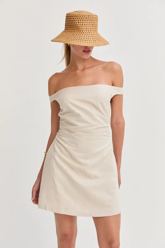 Talia Off Shoulder Side Ruched Linen Mini Dress made by Crescent