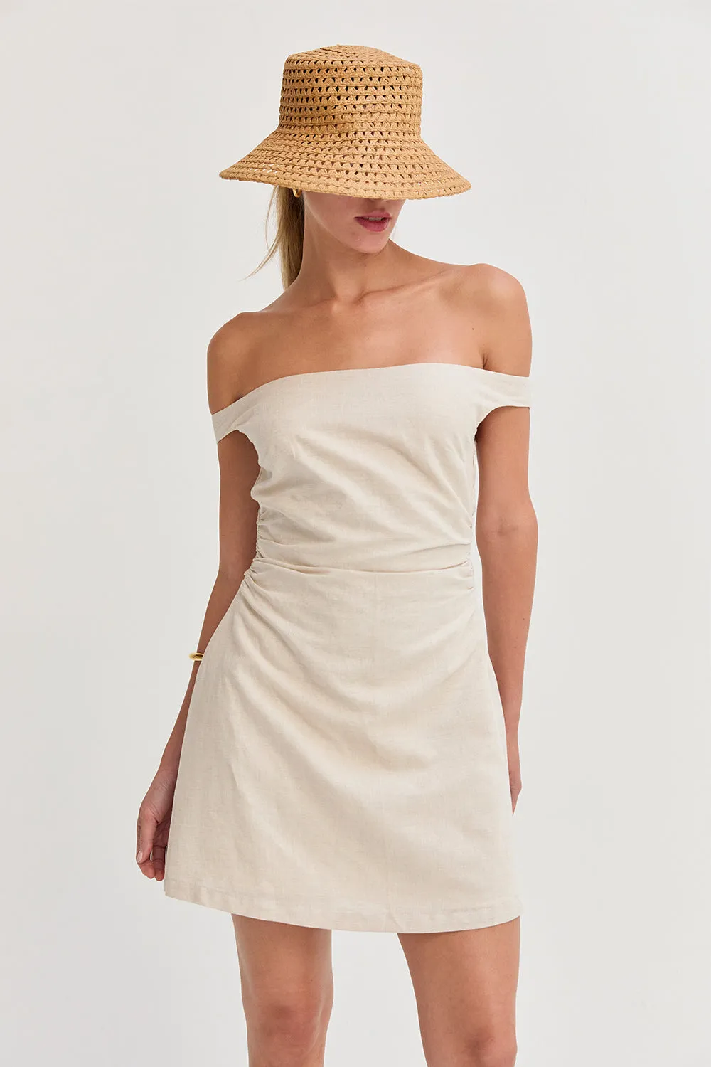 Talia Off Shoulder Side Ruched Linen Mini Dress sold by Crescent