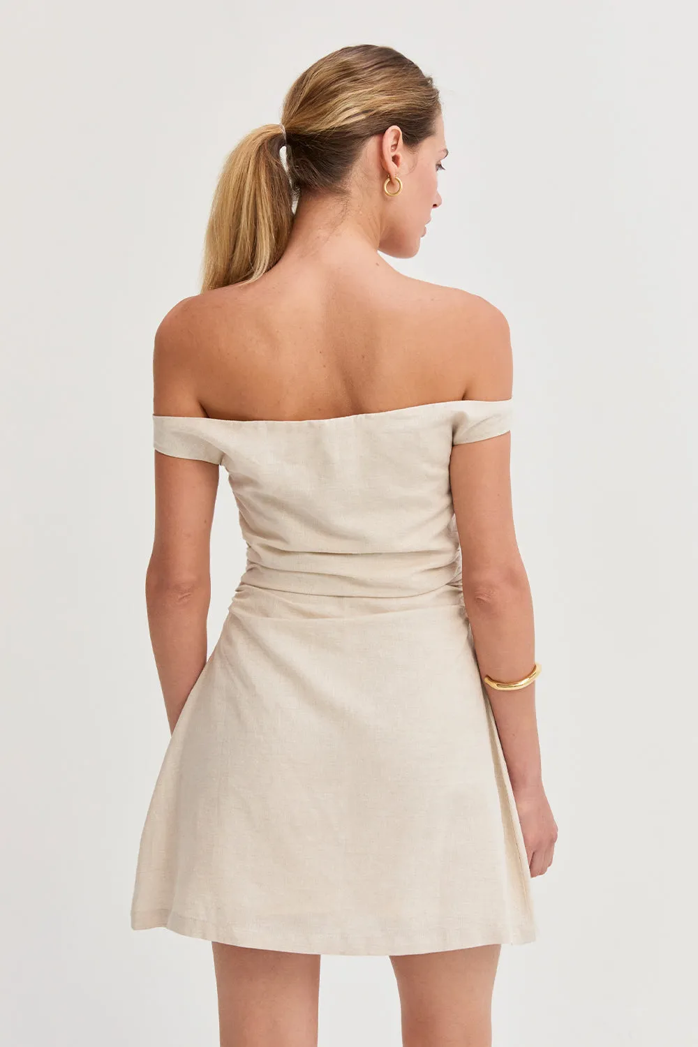 Talia Off Shoulder Side Ruched Linen Mini Dress sold by Crescent product image thumbnail 5