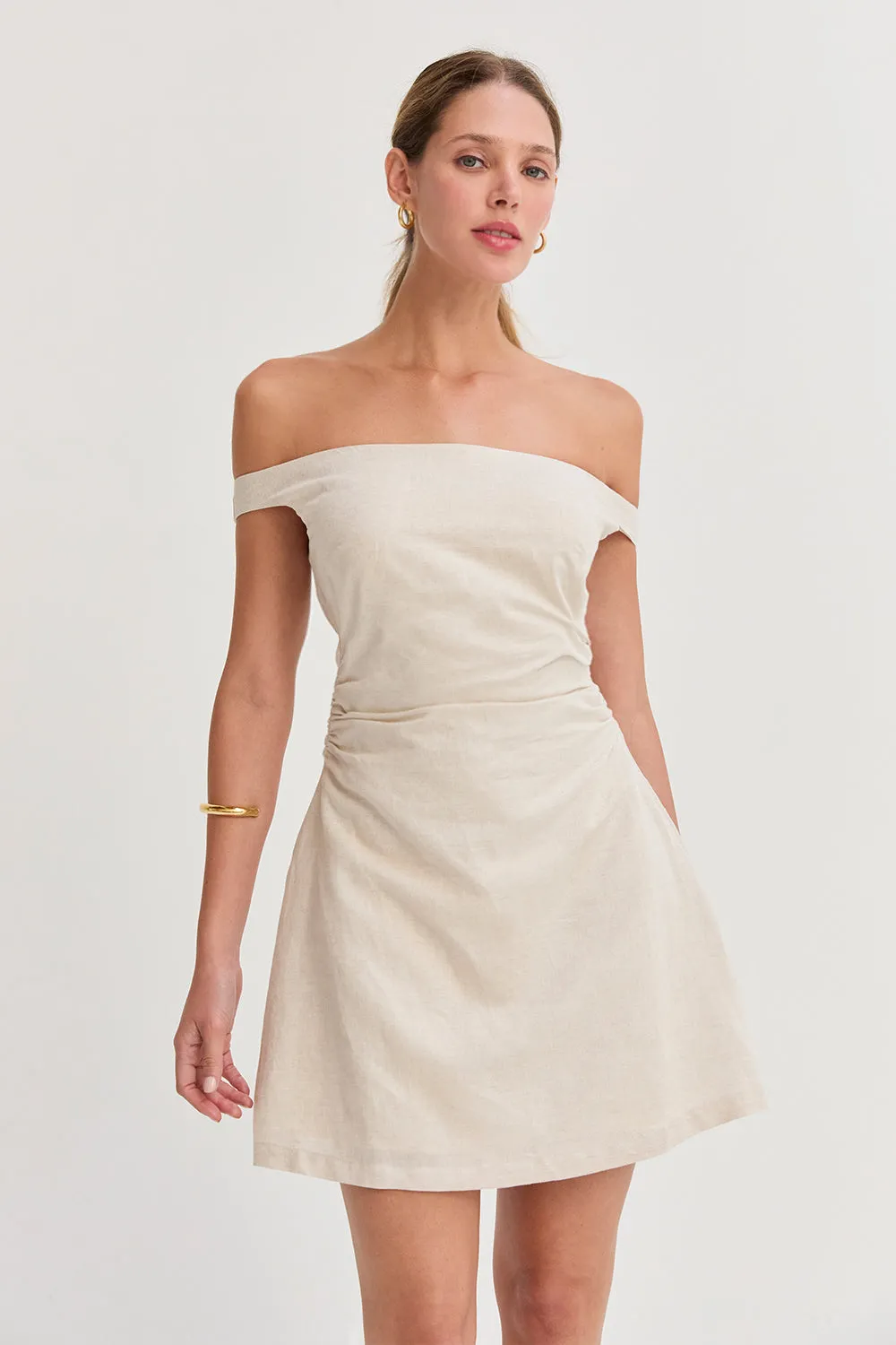 Talia Off Shoulder Side Ruched Linen Mini Dress sold by Crescent product image thumbnail 2