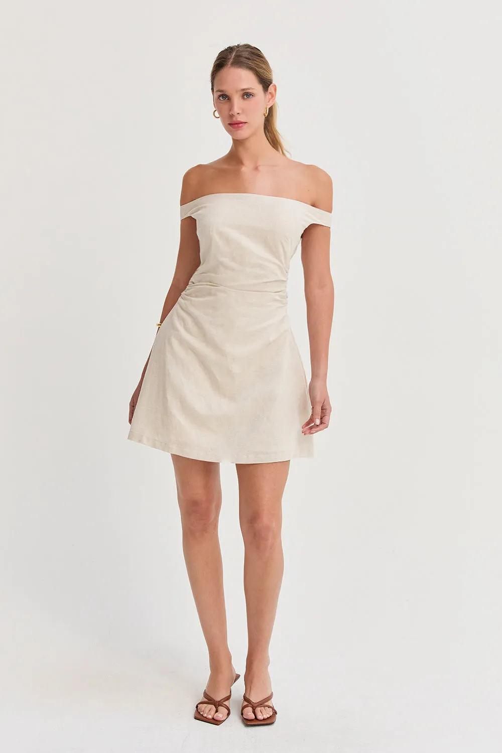 Talia Off Shoulder Side Ruched Linen Mini Dress sold by Crescent product image thumbnail 3