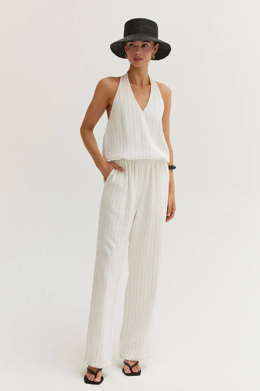 Luna Pinstripe Halter Linen Blend Jumpsuit sold by Crescent product image thumbnail 2