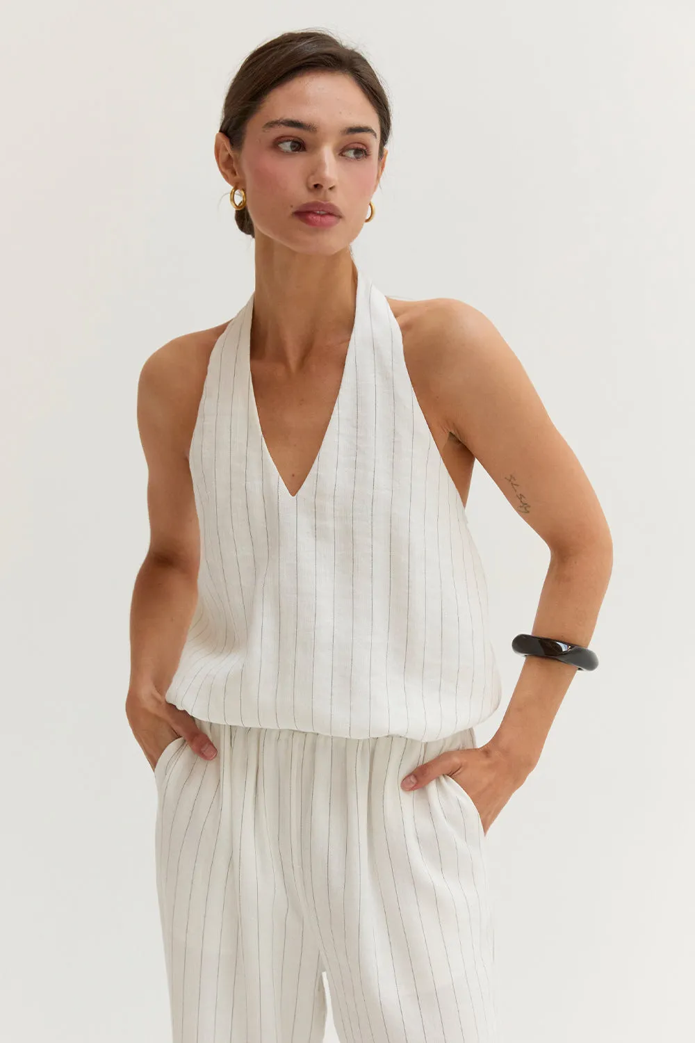 Luna Pinstripe Halter Linen Blend Jumpsuit sold by Crescent product image thumbnail 3