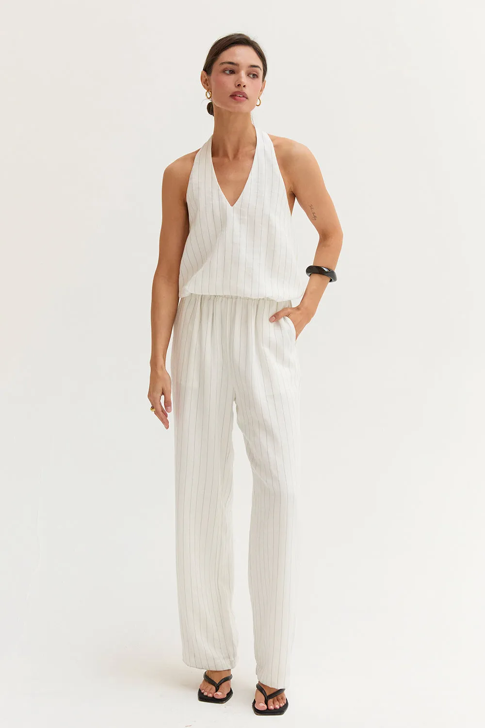 Luna Pinstripe Halter Linen Blend Jumpsuit sold by Crescent product image thumbnail 4