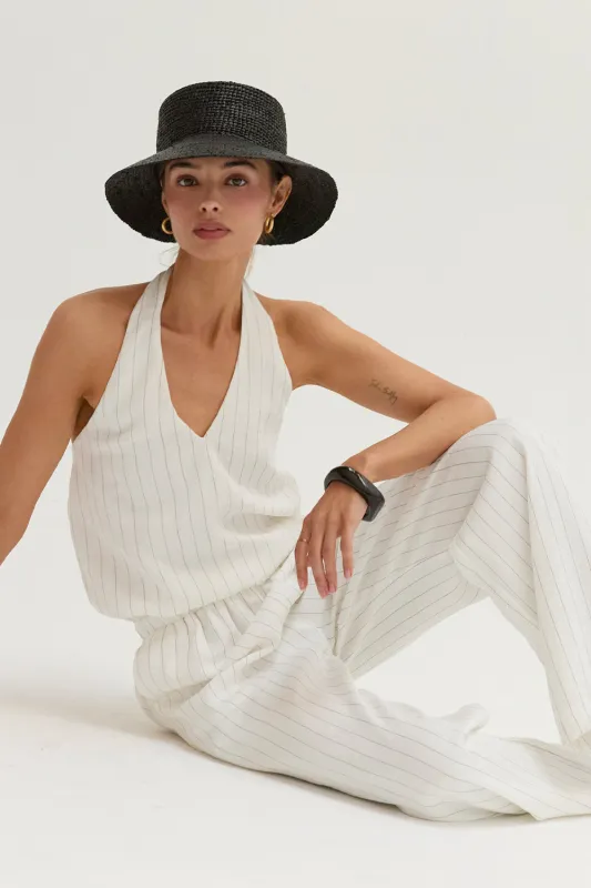 Luna Pinstripe Halter Linen Blend Jumpsuit made by Crescent